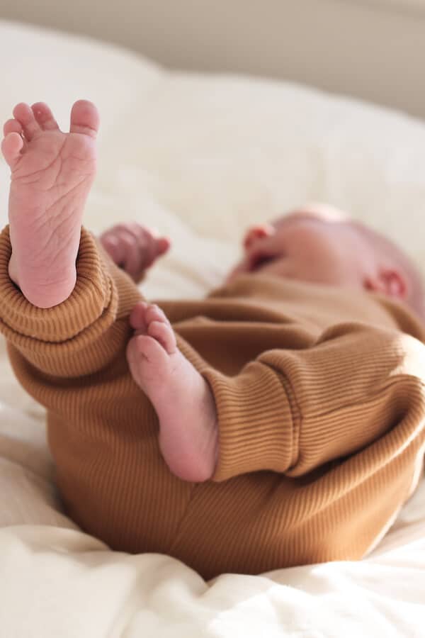 Vauva peitolla lähikuvassa ruskeassa ribbi haalarissaan